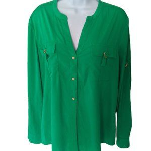 Calvin Klein Kelly Green Banded Collar Gold Accent Roll Sleeve Blouse Size LARGE